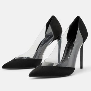 Zara Black Plexi Clear and Suede Pointed Pumps